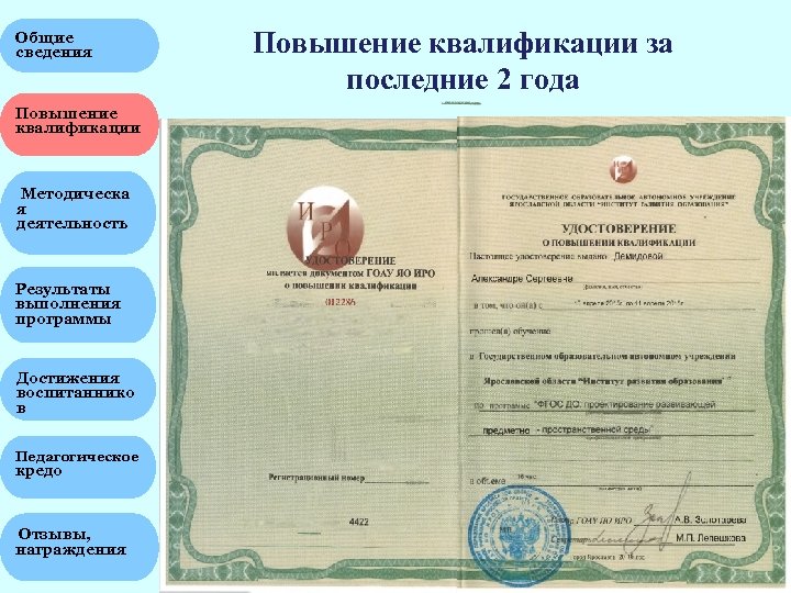 Общие сведения Повышение квалификации за последние 2 года Повышение квалификации Методическа я деятельность ГОСУДАРСТВЕННОЕ