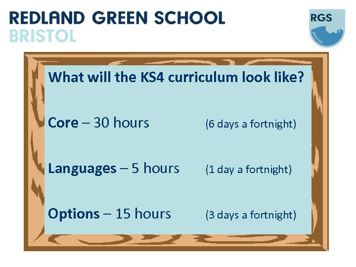 What will the KS 4 curriculum look like? Core – 30 hours (6 days