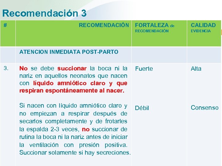 Recomendación 3 # RECOMENDACIÓN FORTALEZA de CALIDAD RECOMENDACIÓN EVIDENCIA ATENCION INMEDIATA POST-PARTO 3. No