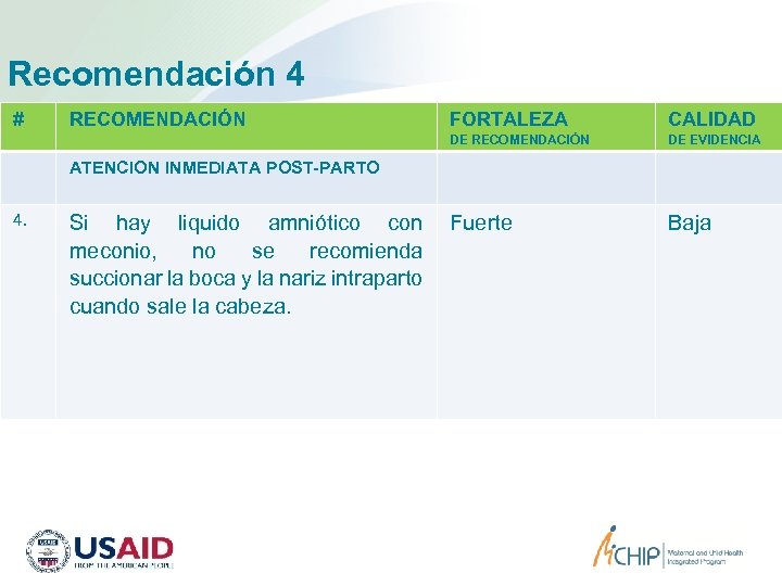 Recomendación 4 # RECOMENDACIÓN FORTALEZA CALIDAD DE RECOMENDACIÓN DE EVIDENCIA ATENCION INMEDIATA POST-PARTO 4.