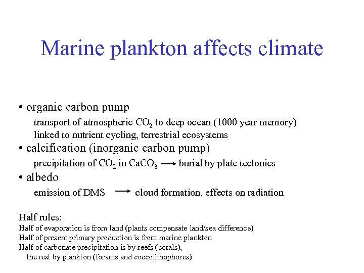 Marine plankton affects climate • organic carbon pump transport of atmospheric CO 2 to