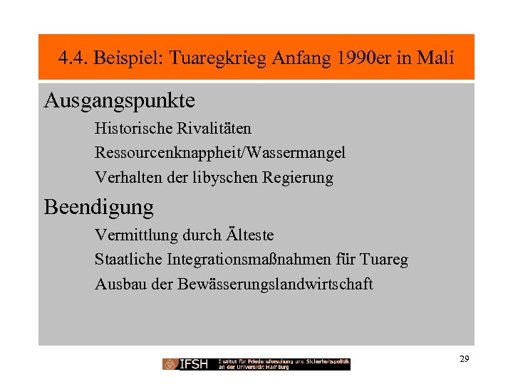 4. 4. Beispiel: Tuaregkrieg Anfang 1990 er in Mali Ausgangspunkte Historische Rivalitäten Ressourcenknappheit/Wassermangel Verhalten