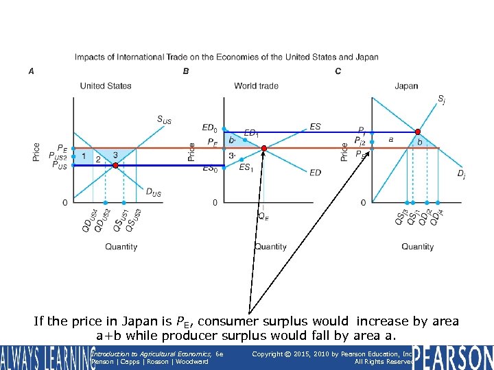 If the price in Japan is PE, consumer surplus would increase by area a+b