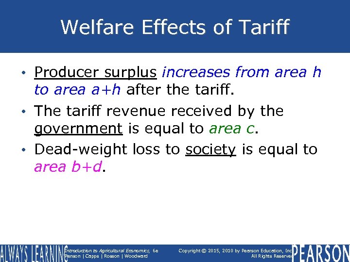 Welfare Effects of Tariff • Producer surplus increases from area h to area a+h