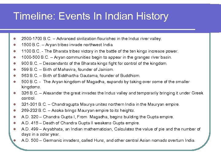 Timeline: Events In Indian History l l l l 2500 -1700 B. C. –