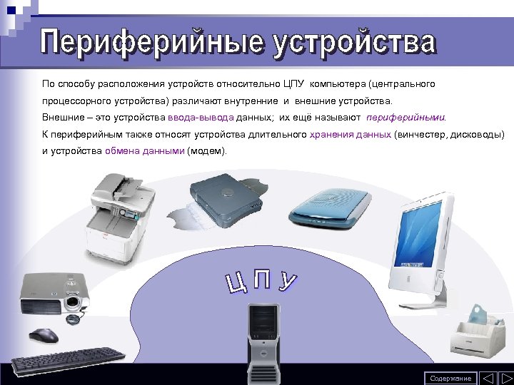 По способу расположения устройств относительно ЦПУ компьютера (центрального процессорного устройства) различают внутренние и внешние