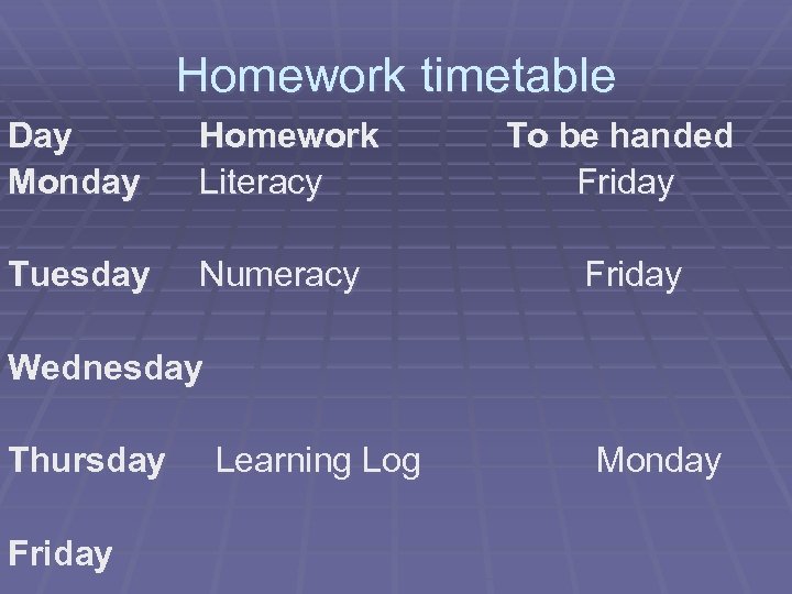 Homework timetable Day Homework To be handed Monday Literacy Friday Tuesday Numeracy Friday Wednesday
