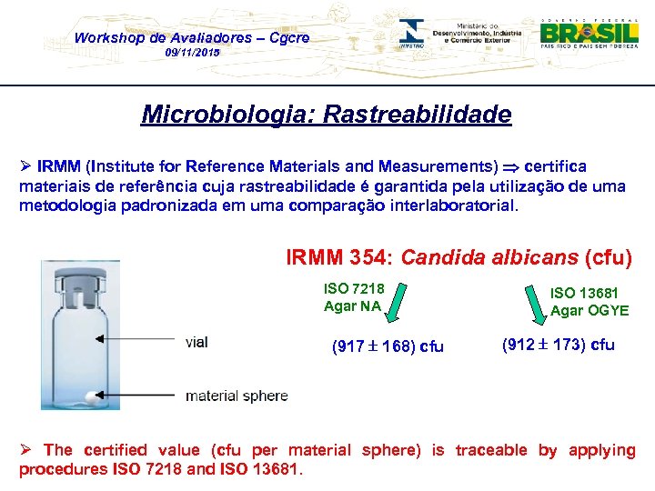 Workshop de Avaliadores – Cgcre 09/11/2015 Microbiologia: Rastreabilidade Ø IRMM (Institute for Reference Materials