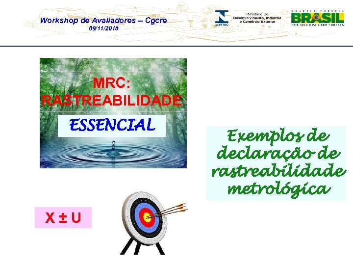 Workshop de Avaliadores – Cgcre 09/11/2015 MRC: RASTREABILIDADE ESSENCIAL X ± U Exemplos de