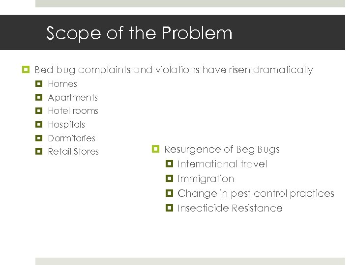 Scope of the Problem Bed bug complaints and violations have risen dramatically Homes Apartments