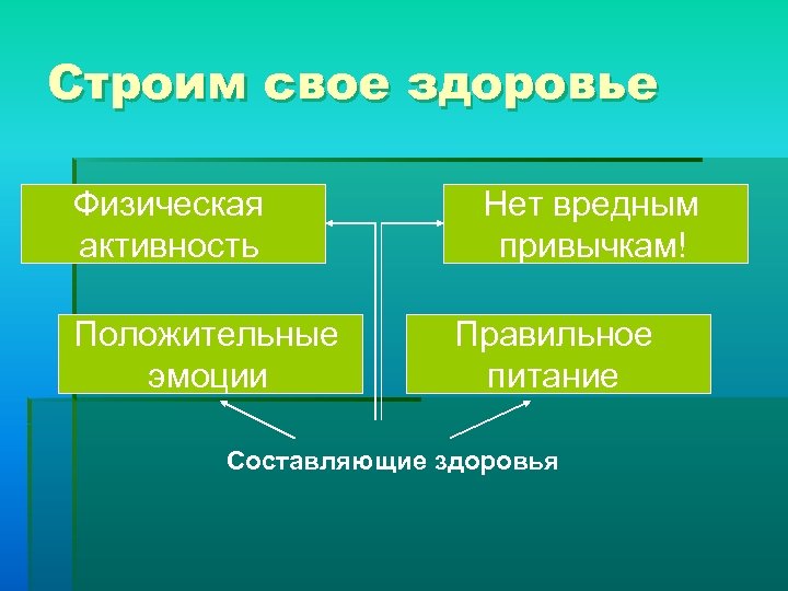 Строим свое здоровье Физическая активность Положительные эмоции Нет вредным привычкам! Правильное питание Составляющие здоровья