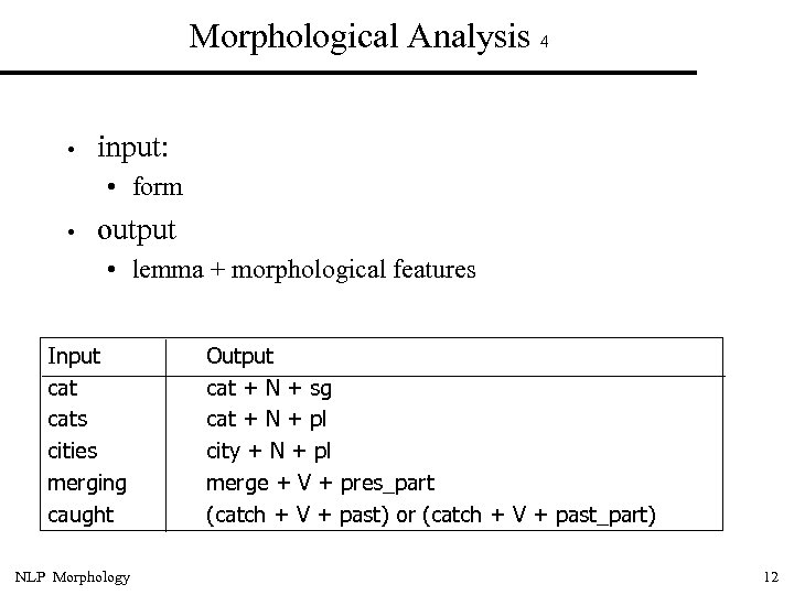 Morphological Analysis 4 • input: • form • output • lemma + morphological features