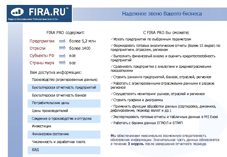Надежное звено Вашего бизнеса FIRA PRO содержит: С FIRA PRO Вы сможете: Предприятия более