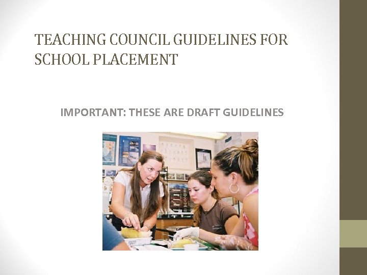 TEACHING COUNCIL GUIDELINES FOR SCHOOL PLACEMENT IMPORTANT: THESE ARE DRAFT GUIDELINES 
