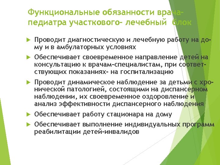 Функциональные обязанности врачапедиатра участкового- лечебный блок Проводит диагностическую и лечебную работу на дому и