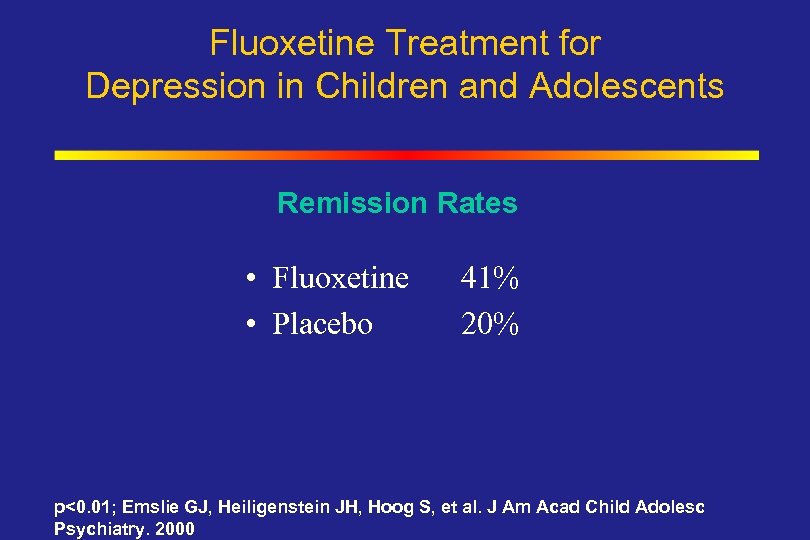 Fluoxetine Treatment for Depression in Children and Adolescents Remission Rates • Fluoxetine 41% •