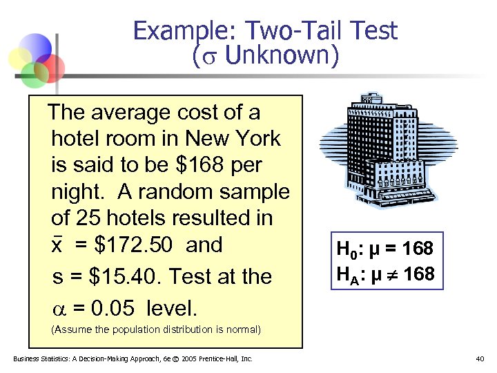 Example: Two-Tail Test ( Unknown) The average cost of a hotel room in New