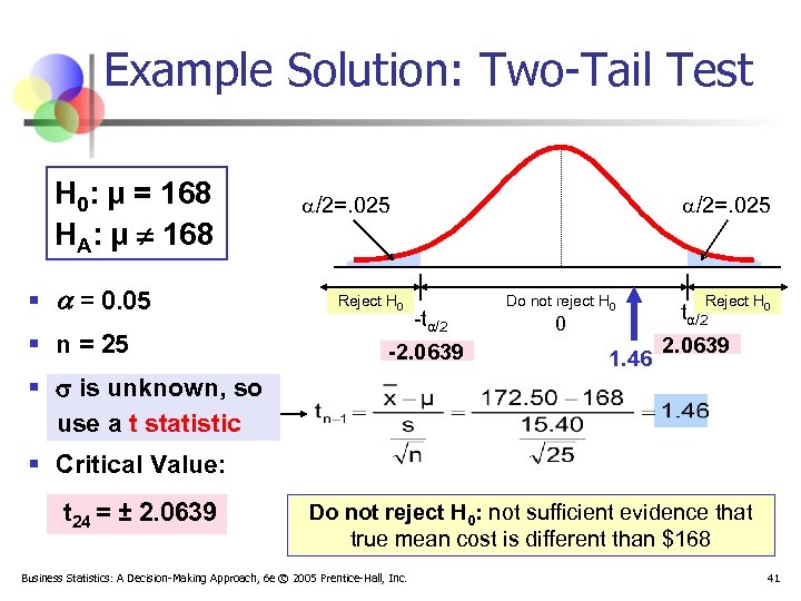 Example Solution: Two-Tail Test H 0: μ = 168 HA: μ ¹ 168 §