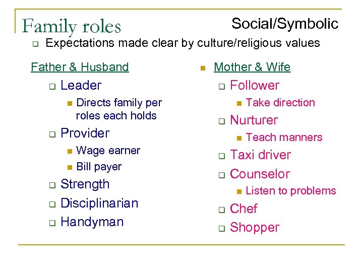 Family roles q Social/Symbolic Expectations made clear by culture/religious values Father & Husband q