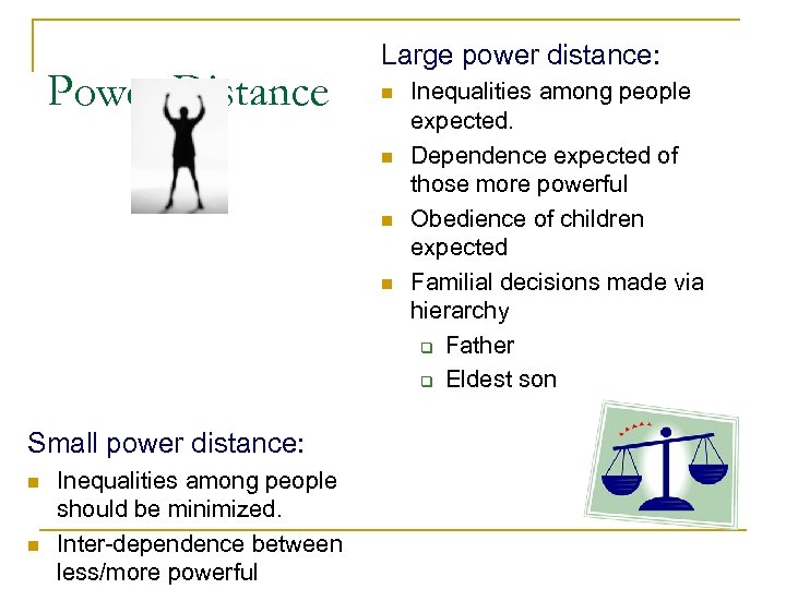 Power Distance Large power distance: n n Small power distance: n n Inequalities among