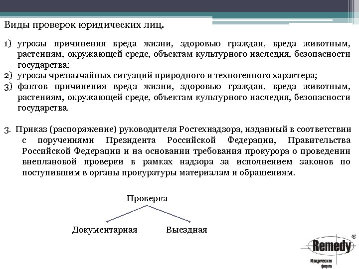 Виды проверок юридических лиц. 1) угрозы причинения вреда жизни, здоровью граждан, вреда животным, растениям,