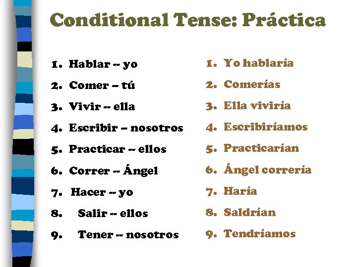 Conditional Tense: Práctica 1. Hablar -- yo 1. Yo hablaría 2. Comer -- tú