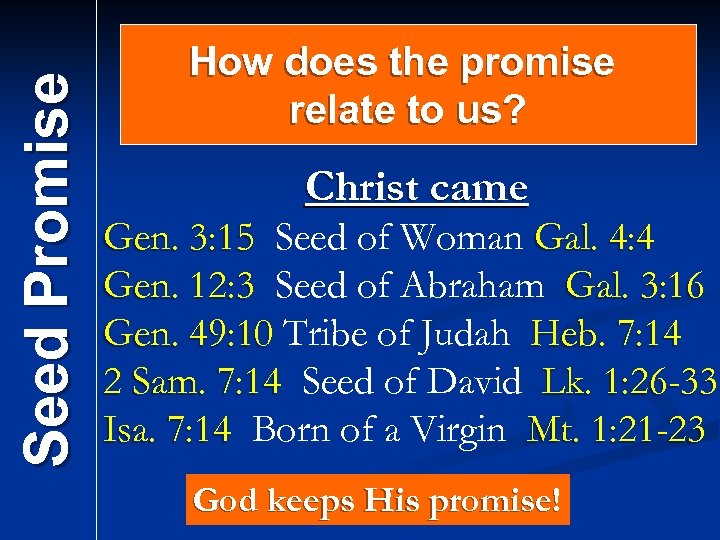 Seed Promise How does the promise relate to us? Christ came Gen. 3: 15