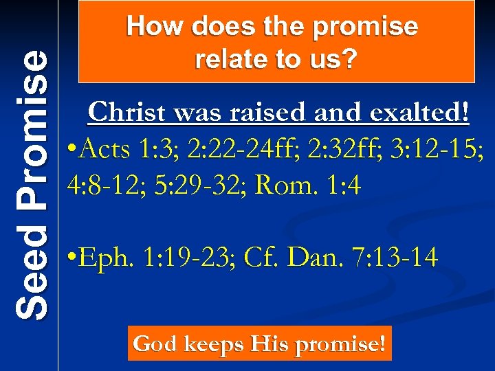 Seed Promise How does the promise relate to us? Christ was raised and exalted!