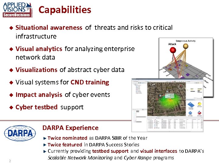 Capabilities u u Situational awareness of threats and risks to critical infrastructure Visual analytics