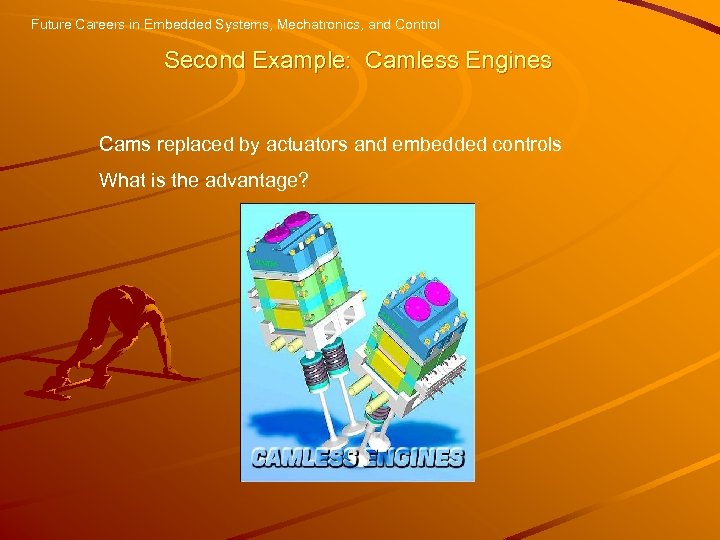 Future Careers in Embedded Systems, Mechatronics, and Control Second Example: Camless Engines Cams replaced