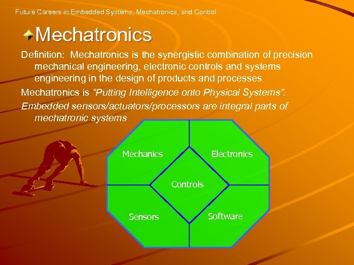 Future Careers in Embedded Systems, Mechatronics, and Control Mechatronics Definition: Mechatronics is the synergistic