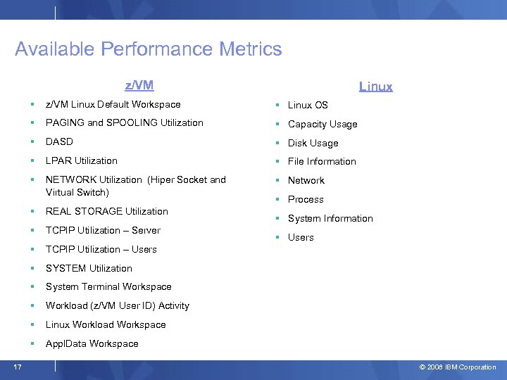 Available Performance Metrics z/VM Linux Default Workspace Linux OS PAGING and SPOOLING Utilization Capacity