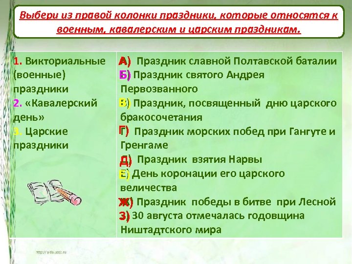 Выбери из правой колонки праздники, которые относятся к военным, кавалерским и царским праздникам. 1.