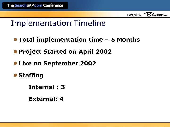 Hosted by Implementation Timeline l Total implementation time – 5 Months l Project Started