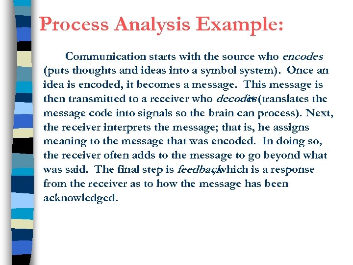 Process Analysis Example: Communication starts with the source who encodes (puts thoughts and ideas