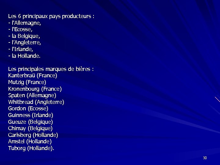 Les 6 principaux pays producteurs : - l'Allemagne, - l'Ecosse, - la Belgique, -