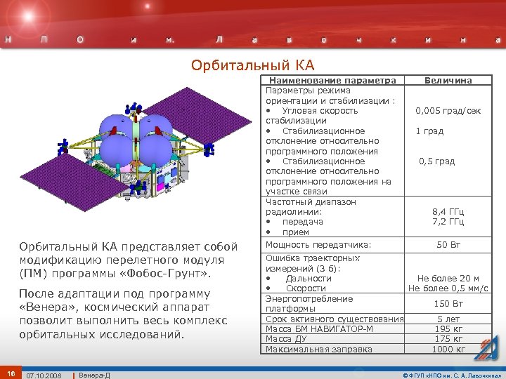 Орбитальный КА Наименование параметра Параметры режима ориентации и стабилизации : • Угловая скорость стабилизации