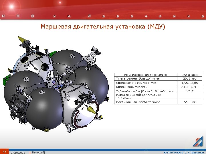 Маршевая двигательная установка (МДУ) Наименование параметра Тяга в режиме большой тяги Соотношение компонентов Компоненты