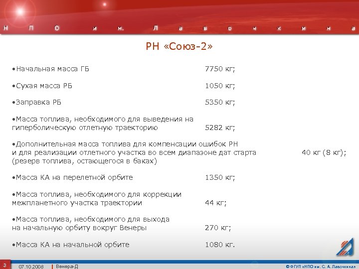 РН «Союз-2» • Начальная масса ГБ 7750 кг; • Сухая масса РБ 1050 кг;