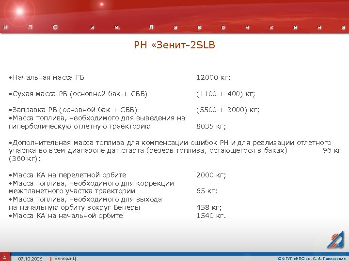 РН «Зенит-2 SLB • Начальная масса ГБ 12000 кг; • Сухая масса РБ (основной