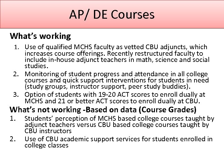 AP/ DE Courses What’s working 1. Use of qualified MCHS faculty as vetted CBU