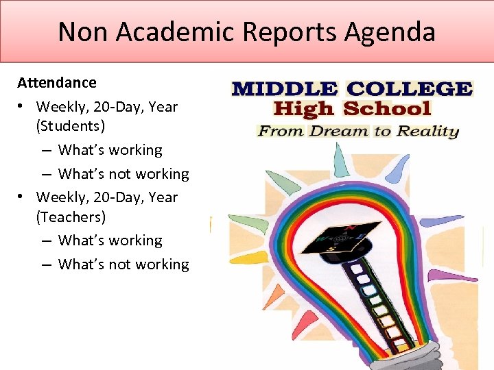 Non Academic Reports Agenda Attendance • Weekly, 20 -Day, Year (Students) – What’s working
