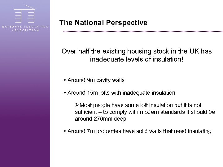 The National Perspective Over half the existing housing stock in the UK has inadequate