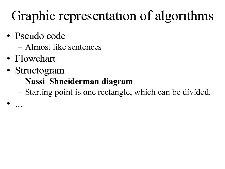 Graphic representation of algorithms • Pseudo code – Almost like sentences • Flowchart •
