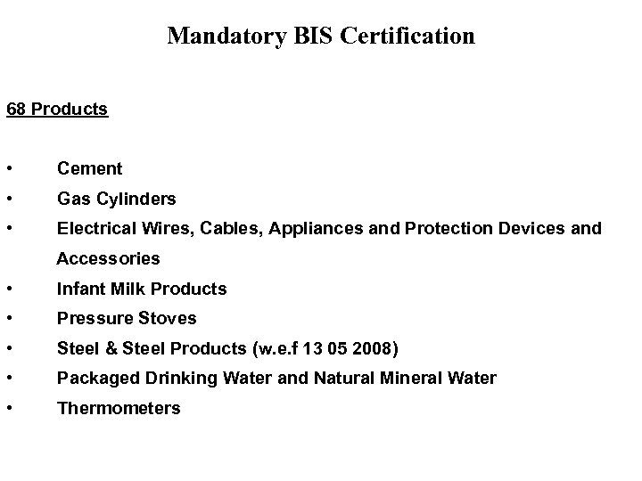 Mandatory BIS Certification 68 Products • Cement • Gas Cylinders • Electrical Wires, Cables,