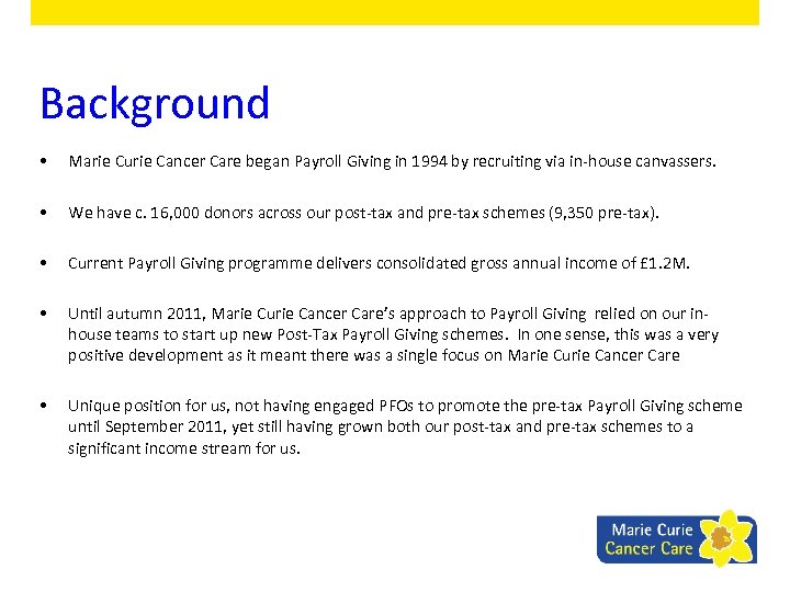 Background • Marie Curie Cancer Care began Payroll Giving in 1994 by recruiting via