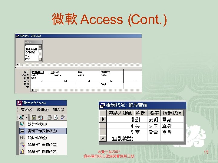 微軟 Access（ Cont. ) 黃三益2007 資料庫的核心理論與實務第三版 15 