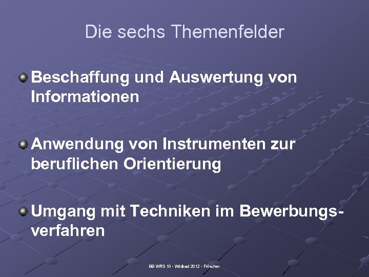 Die sechs Themenfelder Beschaffung und Auswertung von Informationen Anwendung von Instrumenten zur beruflichen Orientierung