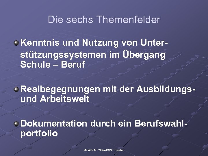 Die sechs Themenfelder Kenntnis und Nutzung von Unterstützungssystemen im Übergang Schule – Beruf Realbegegnungen