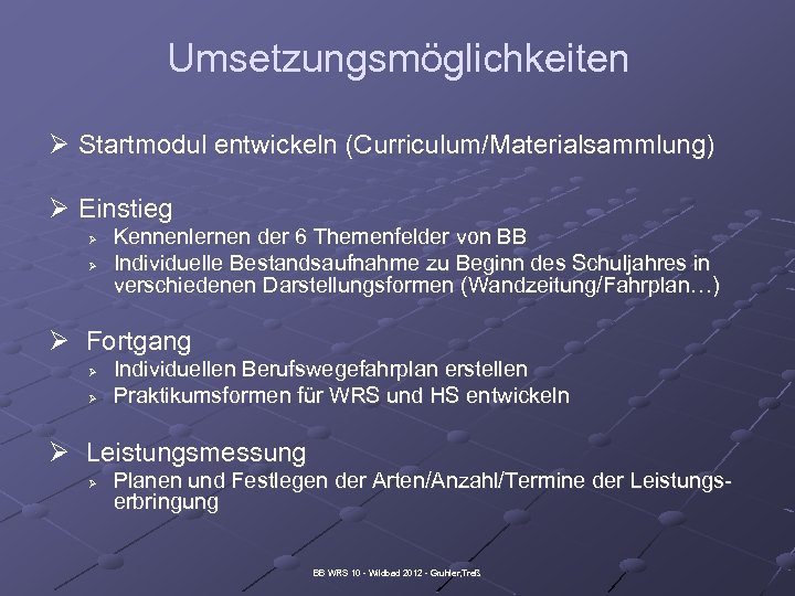 Umsetzungsmöglichkeiten Ø Startmodul entwickeln (Curriculum/Materialsammlung) Ø Einstieg Ø Ø Kennenlernen der 6 Themenfelder von